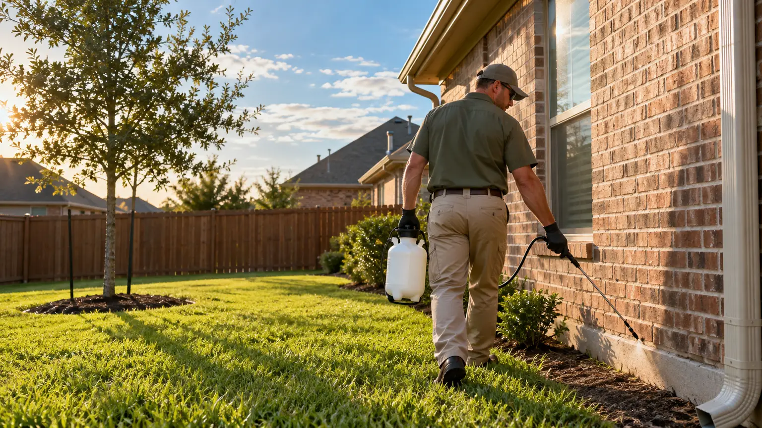 A technician walking the brick wall of a single-story house with a sprayer
